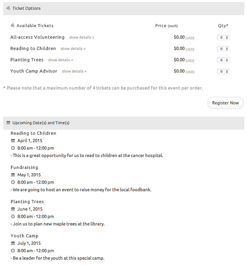 Multiple events registration datetime tickets wordpress one page