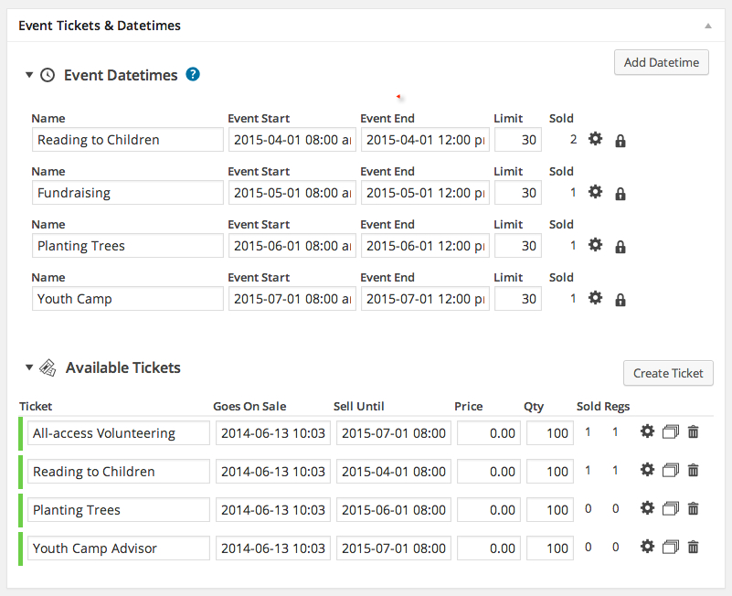 Combine many similar events into one event page with datetimes and ticket names