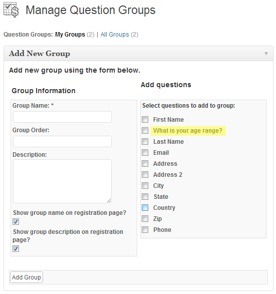 menu guide - question groups - add new question group