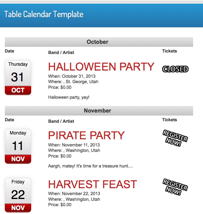 Calendar of Events