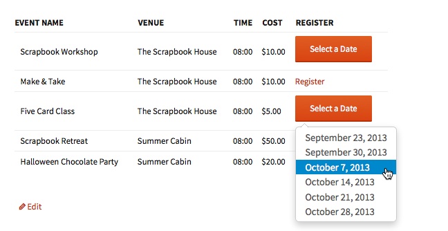 Recurring Events Dropdown template