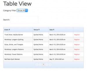 Table view of quilt retreat events