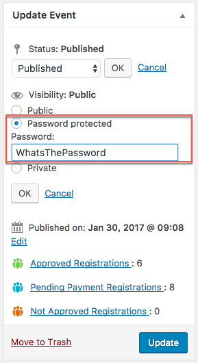 wordpress events protected pages