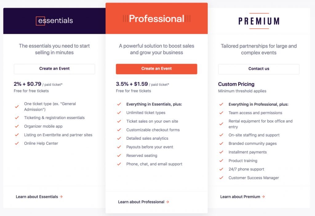 Eventbrite pricing page